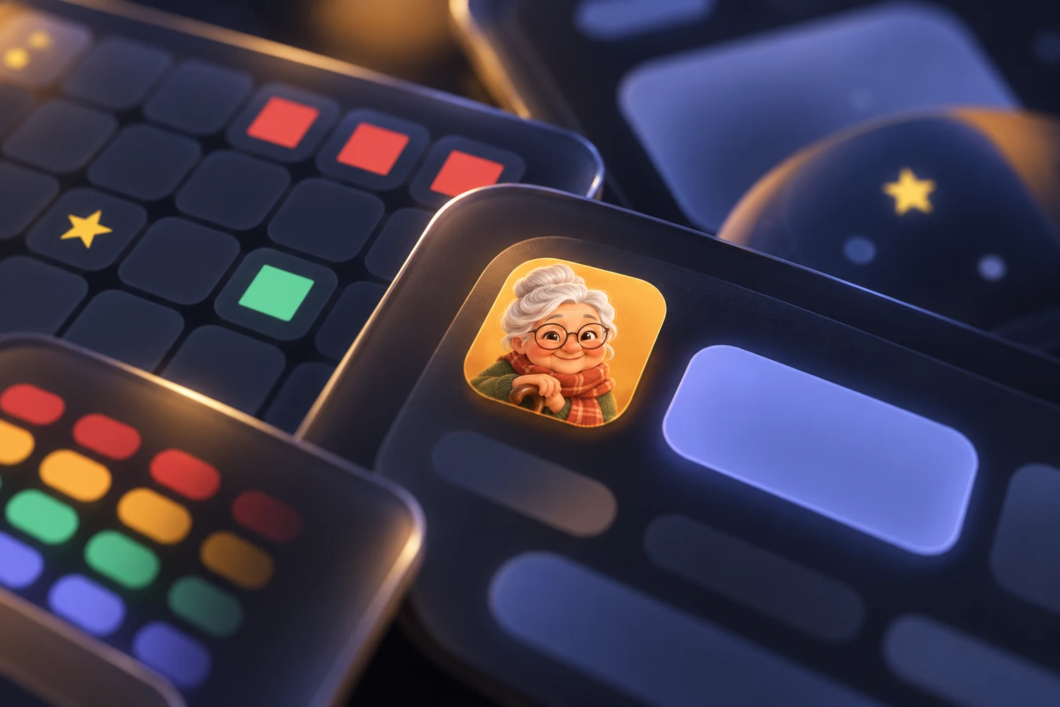 An atmospheric close-up of Mummo’s mascot and abstract app surfaces in periwinkle and warm amber.